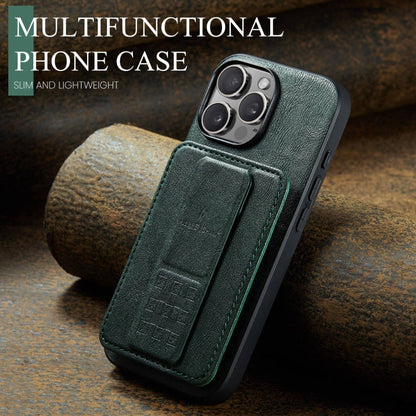 For iPhone 16 Pro Fierre Shann Oil Wax Cow Leather Card Holder Back Phone Case(Green)