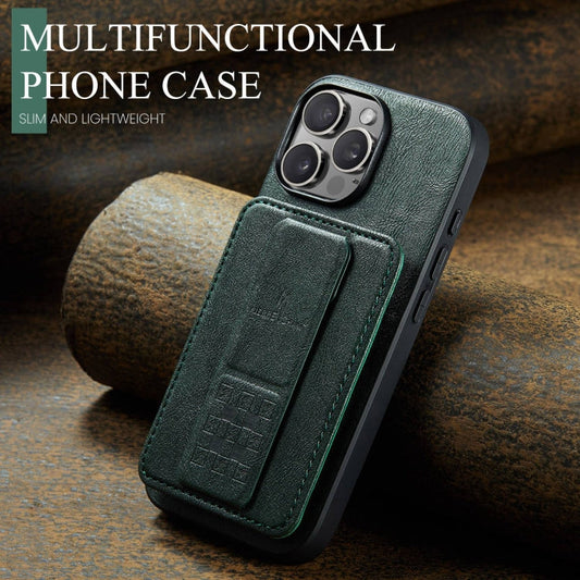 For iPhone 16 Pro Fierre Shann Oil Wax Cow Leather Card Holder Back Phone Case(Green)