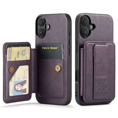 For iPhone 16 Plus Fierre Shann Oil Wax Cow Leather Card Holder Back Phone Case(Purple)