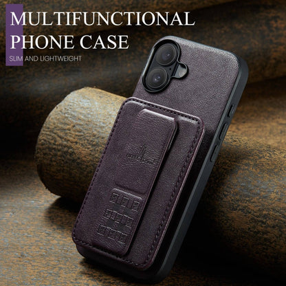 For iPhone 16 Plus Fierre Shann Oil Wax Cow Leather Card Holder Back Phone Case(Purple)