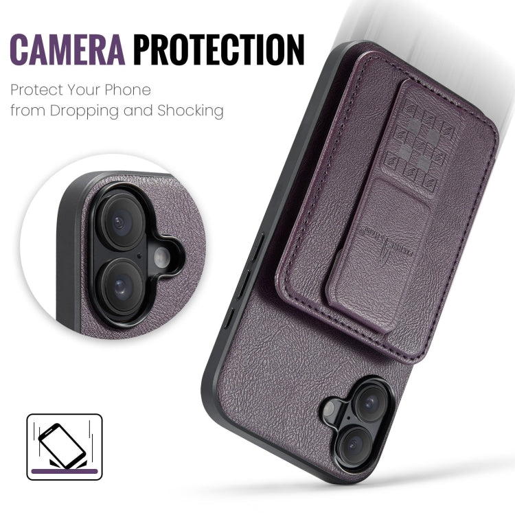 For iPhone 16 Plus Fierre Shann Oil Wax Cow Leather Card Holder Back Phone Case(Purple)