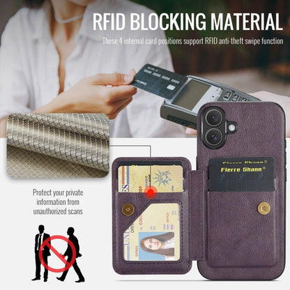 For iPhone 16 Plus Fierre Shann Oil Wax Cow Leather Card Holder Back Phone Case(Purple)
