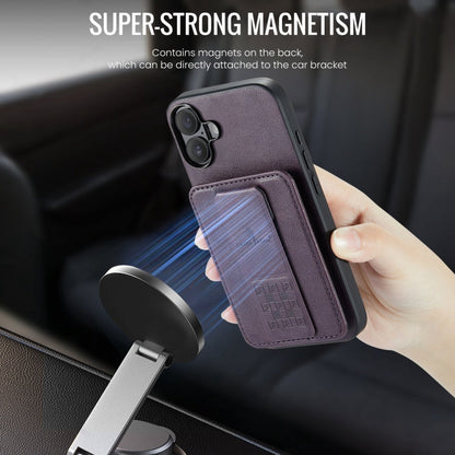 For iPhone 16 Plus Fierre Shann Oil Wax Cow Leather Card Holder Back Phone Case(Purple)