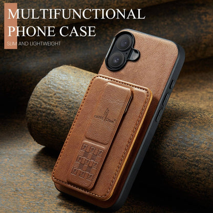 For iPhone 16 Plus Fierre Shann Oil Wax Cow Leather Card Holder Back Phone Case(Brown)