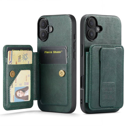 Pour iPhone 16 Fierre Shann Étui de téléphone arrière en cuir de vachette ciré avec porte-cartes (vert)