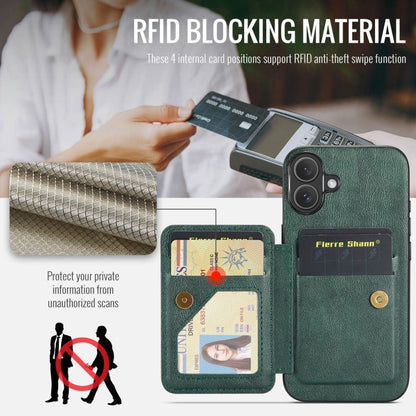 Pour iPhone 16 Fierre Shann Étui de téléphone arrière en cuir de vachette ciré avec porte-cartes (vert)