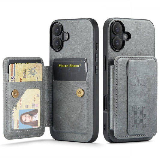 For iPhone 16 Fierre Shann Oil Wax Cow Leather Card Holder Back Phone Case(Grey)
