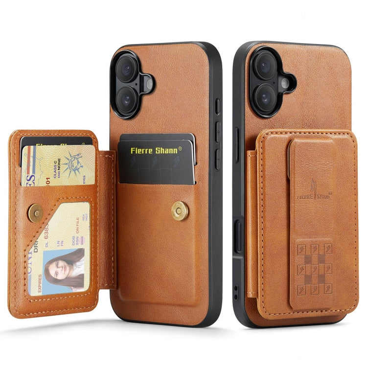 For iPhone 16 Fierre Shann Oil Wax Cow Leather Card Holder Back Phone Case(Brown)