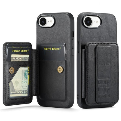 For iPhone 17e / 16e Fierre Shann Oil Wax Cow Leather Card Holder Back Phone Case(Black)