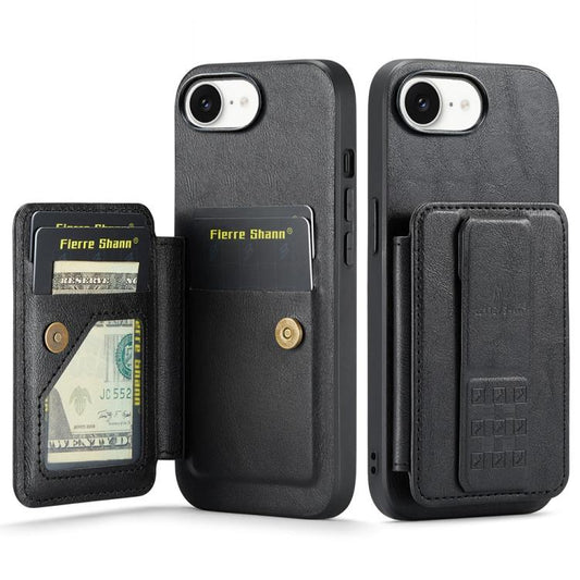 For iPhone 17e / 16e Fierre Shann Oil Wax Cow Leather Card Holder Back Phone Case(Black)