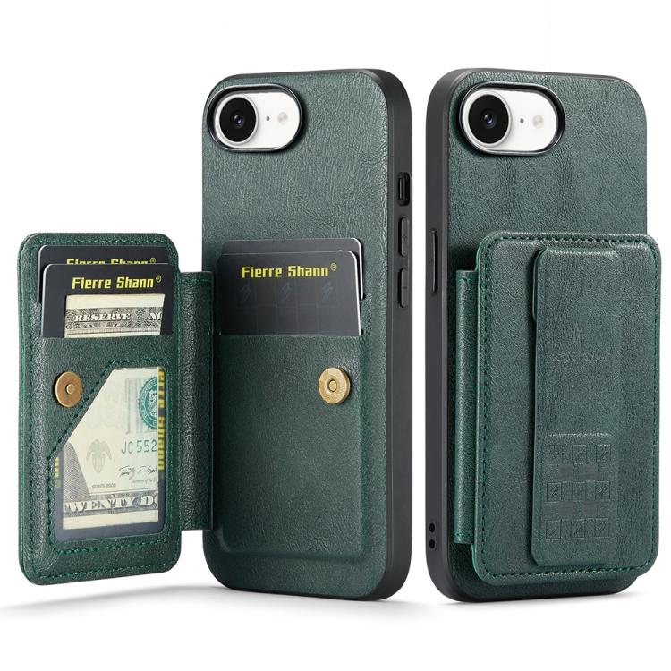 For iPhone 17e / 16e Fierre Shann Oil Wax Cow Leather Card Holder Back Phone Case(Green)