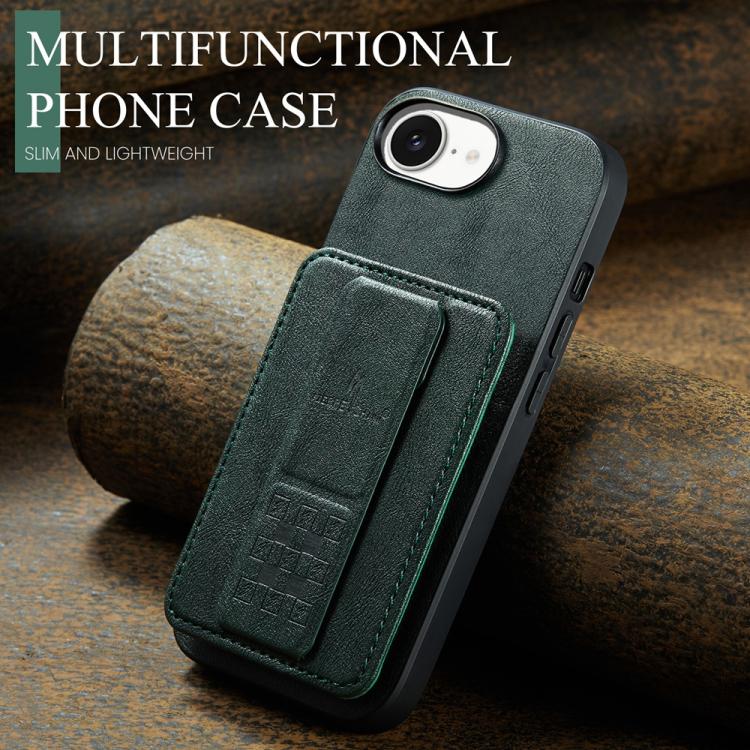 For iPhone 17e / 16e Fierre Shann Oil Wax Cow Leather Card Holder Back Phone Case(Green)