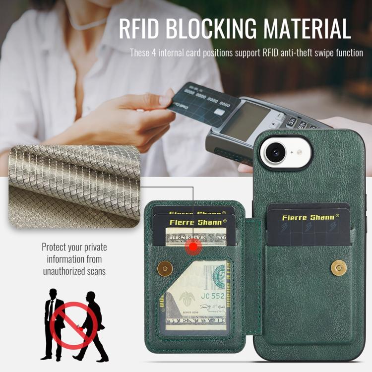 For iPhone 17e / 16e Fierre Shann Oil Wax Cow Leather Card Holder Back Phone Case(Green)