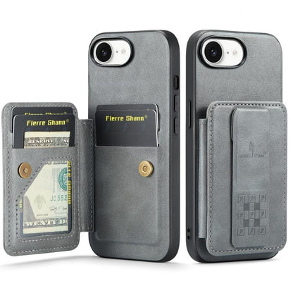 For iPhone 17e / 16e Fierre Shann Oil Wax Cow Leather Card Holder Back Phone Case(Grey)