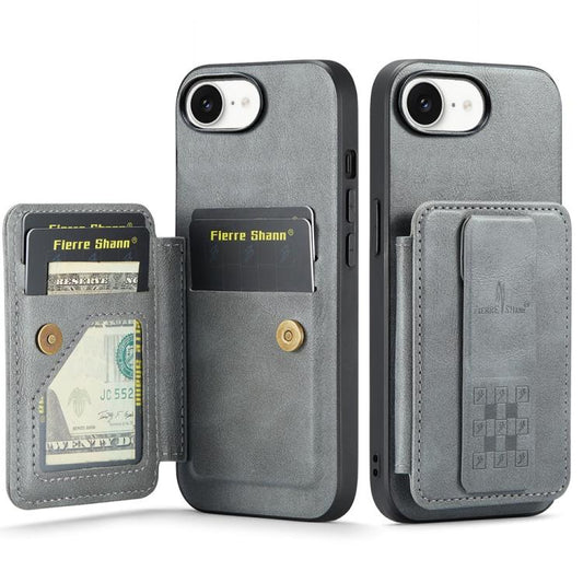 For iPhone 17e / 16e Fierre Shann Oil Wax Cow Leather Card Holder Back Phone Case(Grey)