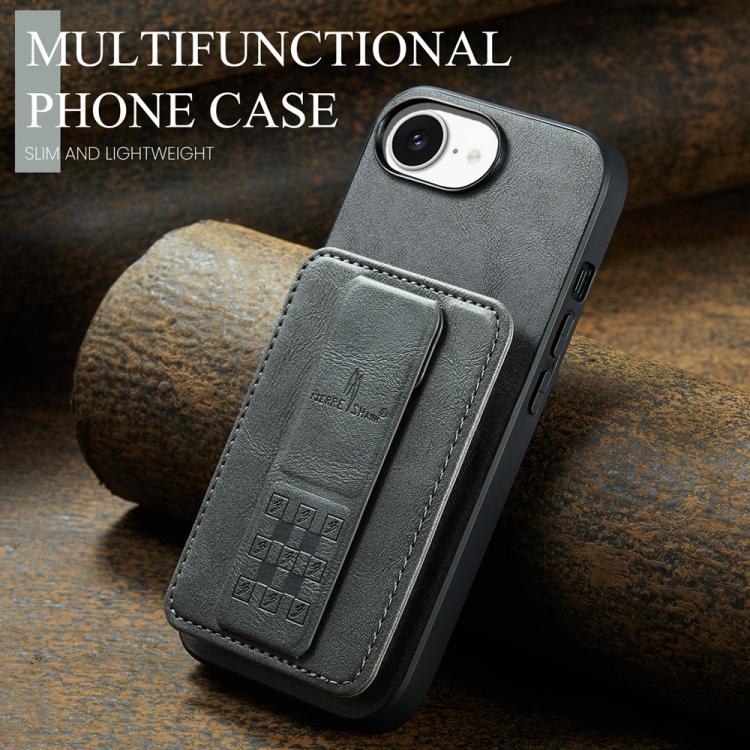For iPhone 17e / 16e Fierre Shann Oil Wax Cow Leather Card Holder Back Phone Case(Grey)