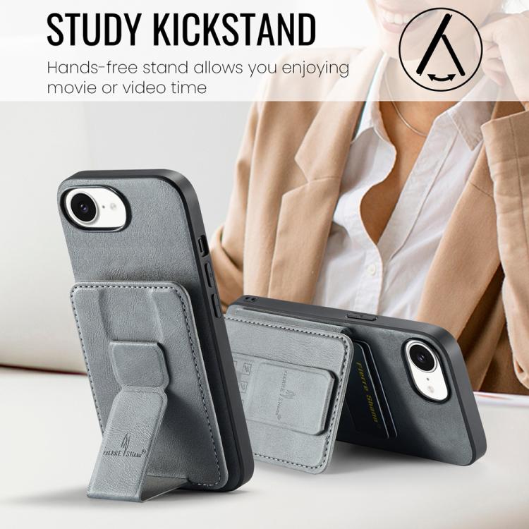 For iPhone 17e / 16e Fierre Shann Oil Wax Cow Leather Card Holder Back Phone Case(Grey)