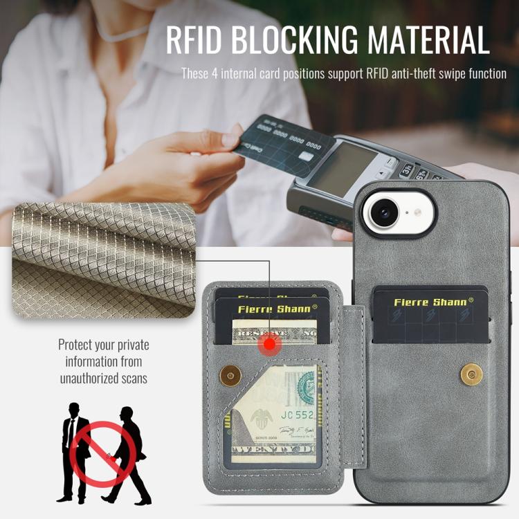 For iPhone 17e / 16e Fierre Shann Oil Wax Cow Leather Card Holder Back Phone Case(Grey)