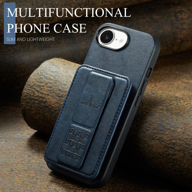 Pour iPhone 17e / 16e Fierre Shann Étui de téléphone arrière en cuir de vachette ciré porte-cartes (Bleu)