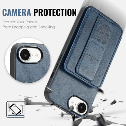 Pour iPhone 17e / 16e Fierre Shann Étui de téléphone arrière en cuir de vachette ciré porte-cartes (Bleu)