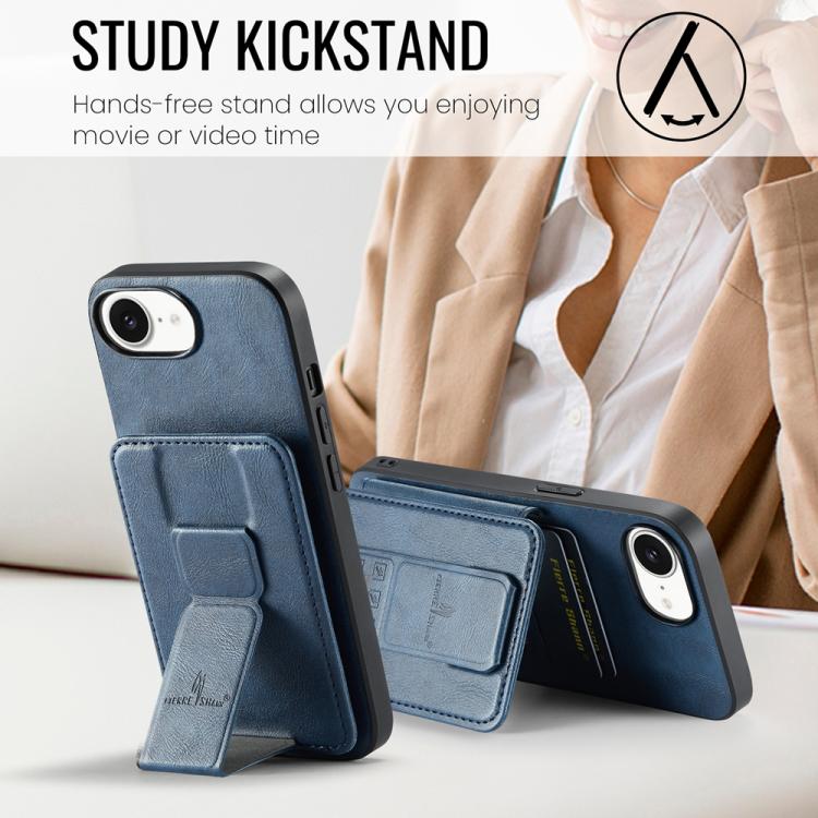 Pour iPhone 17e / 16e Fierre Shann Étui de téléphone arrière en cuir de vachette ciré porte-cartes (Bleu)