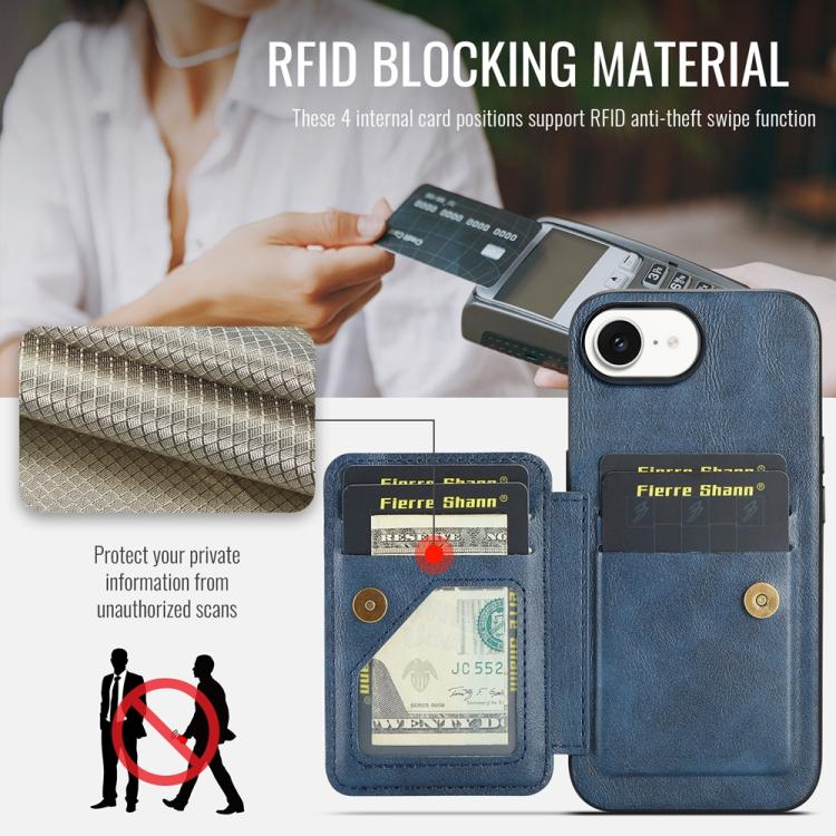 Pour iPhone 17e / 16e Fierre Shann Étui de téléphone arrière en cuir de vachette ciré porte-cartes (Bleu)