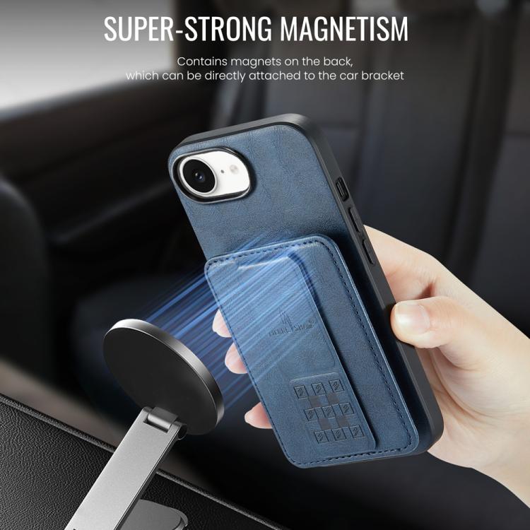 Pour iPhone 17e / 16e Fierre Shann Étui de téléphone arrière en cuir de vachette ciré porte-cartes (Bleu)