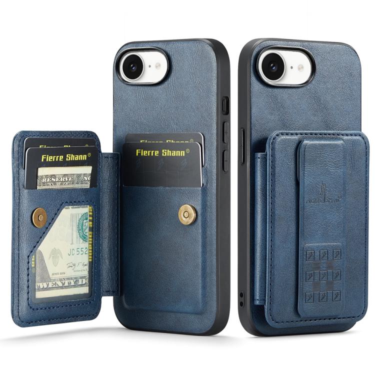 Pour iPhone 17e / 16e Fierre Shann Étui de téléphone arrière en cuir de vachette ciré porte-cartes (Bleu)