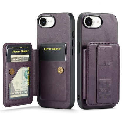 For iPhone 17e / 16e Fierre Shann Oil Wax Cow Leather Card Holder Back Phone Case(Purple)