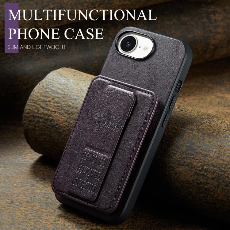 For iPhone 17e / 16e Fierre Shann Oil Wax Cow Leather Card Holder Back Phone Case(Purple)