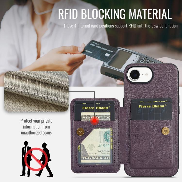 For iPhone 17e / 16e Fierre Shann Oil Wax Cow Leather Card Holder Back Phone Case(Purple)
