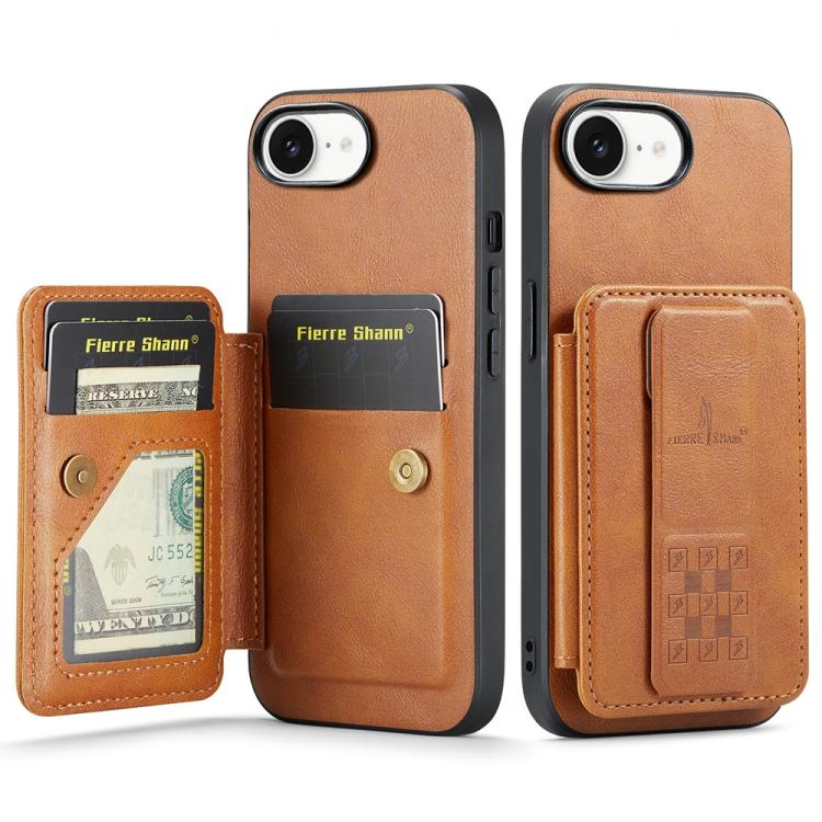 For iPhone 17e / 16e Fierre Shann Oil Wax Cow Leather Card Holder Back Phone Case(Brown)
