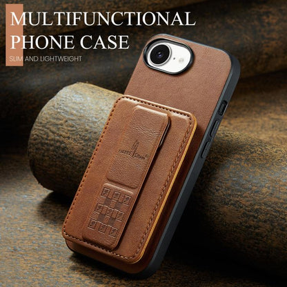 For iPhone 17e / 16e Fierre Shann Oil Wax Cow Leather Card Holder Back Phone Case(Brown)