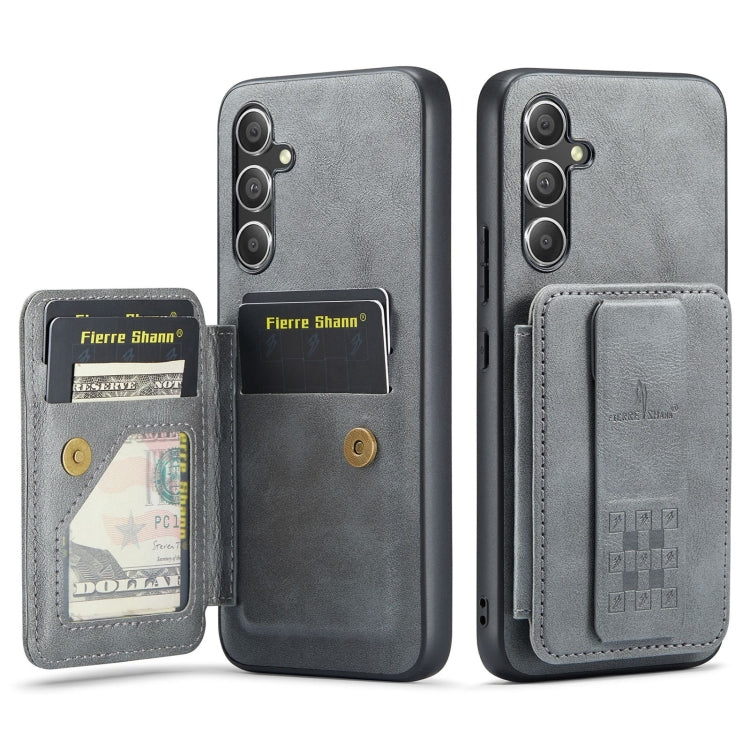 Pour Samsung Galaxy S24+ 5G Fierre Shann Étui de téléphone arrière en cuir de vachette ciré avec porte-cartes (Gris)