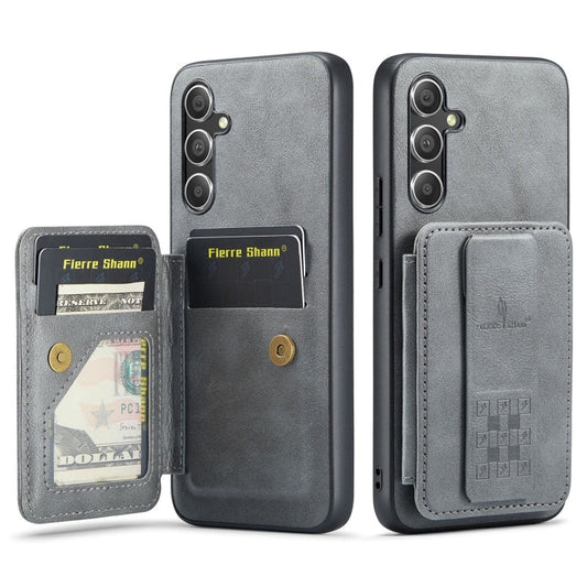 Pour Samsung Galaxy S24+ 5G Fierre Shann Étui de téléphone arrière en cuir de vachette ciré avec porte-cartes (Gris)