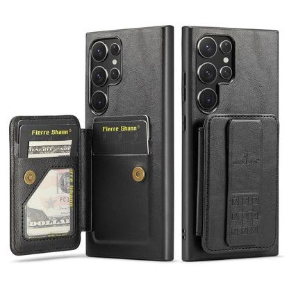 For Samsung Galaxy S23 Ultra 5G Fierre Shann Oil Wax Cow Leather Card Holder Back Phone Case(Black)