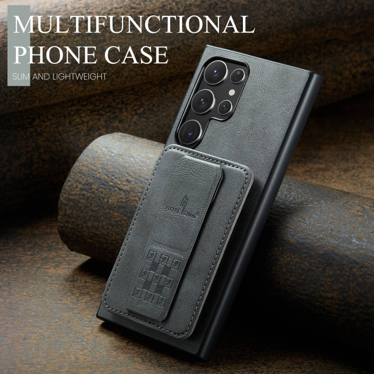 For Samsung Galaxy S23 Ultra 5G Fierre Shann Oil Wax Cow Leather Card Holder Back Phone Case(Grey)