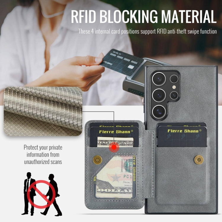 For Samsung Galaxy S23 Ultra 5G Fierre Shann Oil Wax Cow Leather Card Holder Back Phone Case(Grey)