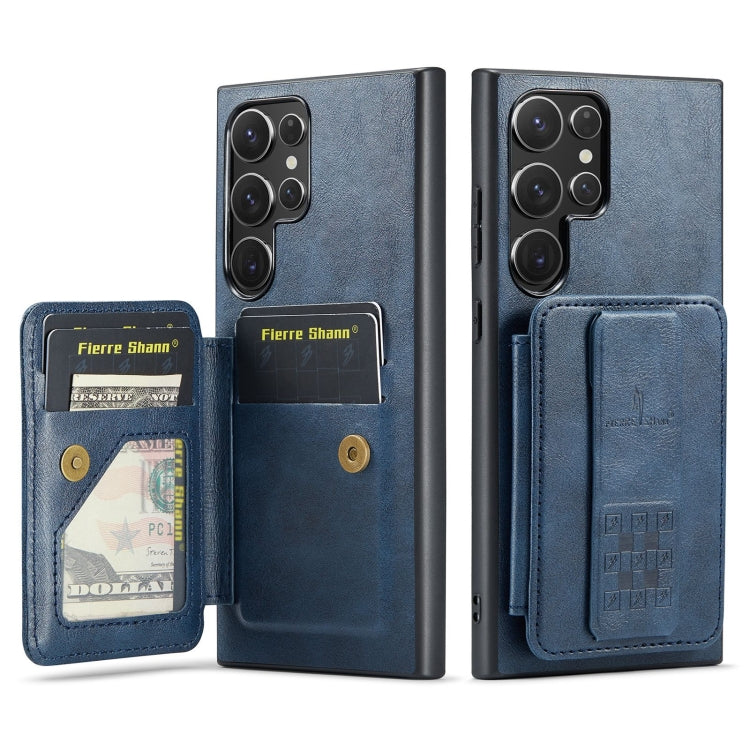 Pour Samsung Galaxy S23 Ultra 5G Étui de téléphone arrière Fierre Shann en cuir de vachette ciré avec porte-cartes (bleu)
