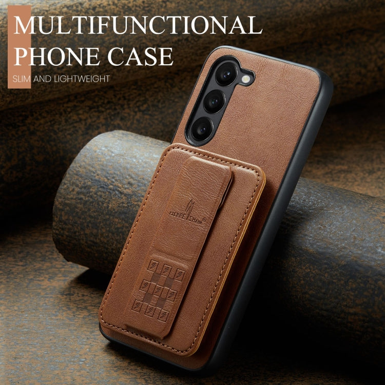 For Samsung Galaxy S23+ 5G Fierre Shann Oil Wax Cow Leather Card Holder Back Phone Case(Brown)