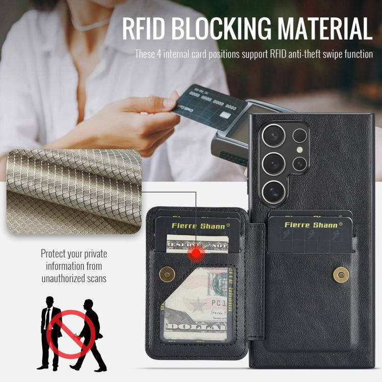 For Samsung Galaxy S22 Ultra 5G Fierre Shann Oil Wax Cow Leather Card Holder Back Phone Case(Black)