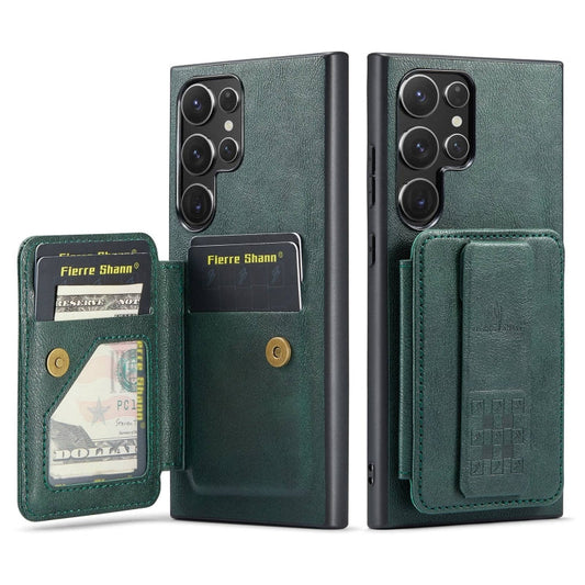 Pour Samsung Galaxy S22 Ultra 5G Fierre Shann Étui de téléphone arrière en cuir de vachette ciré avec porte-cartes (vert)