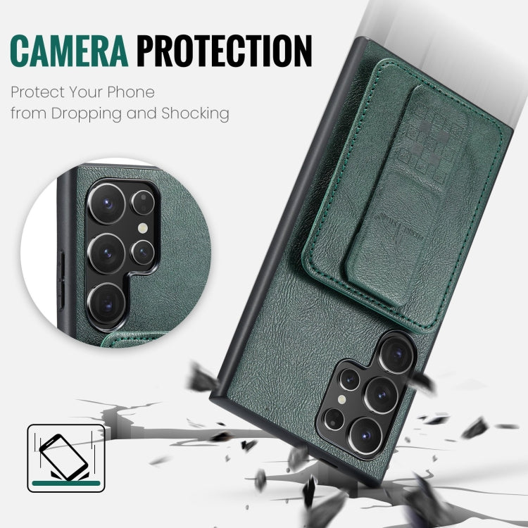Pour Samsung Galaxy S22 Ultra 5G Fierre Shann Étui de téléphone arrière en cuir de vachette ciré avec porte-cartes (vert)
