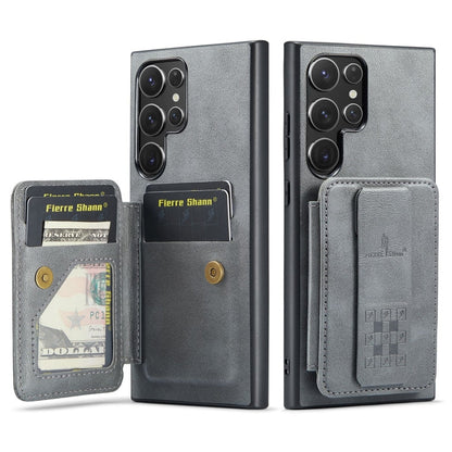 For Samsung Galaxy S22 Ultra 5G Fierre Shann Oil Wax Cow Leather Card Holder Back Phone Case(Grey)