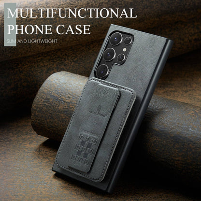 For Samsung Galaxy S22 Ultra 5G Fierre Shann Oil Wax Cow Leather Card Holder Back Phone Case(Grey)