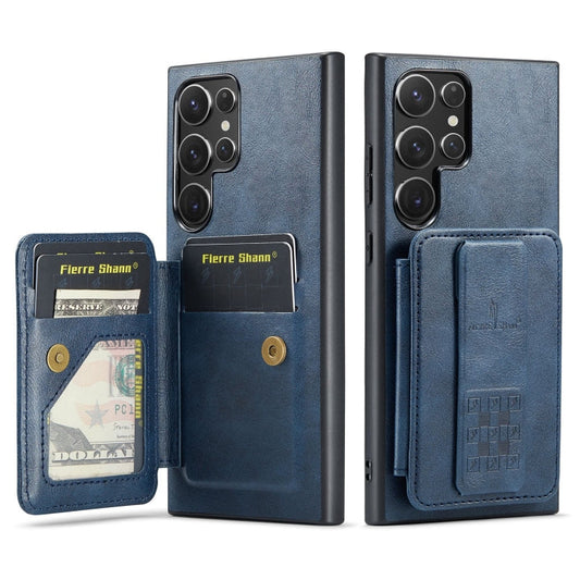 Pour Samsung Galaxy S22 Ultra 5G Étui de téléphone arrière en cuir de vachette ciré Fierre Shann avec porte-cartes (Bleu)