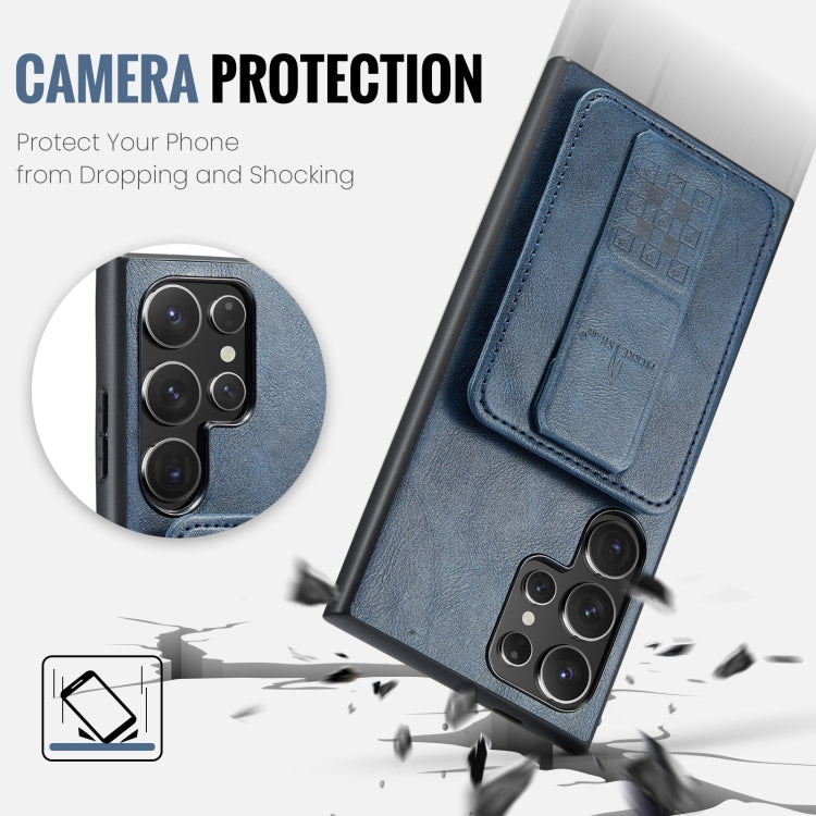 For Samsung Galaxy S22 Ultra 5G Fierre Shann Oil Wax Cow Leather Card Holder Back Phone Case(Blue)
