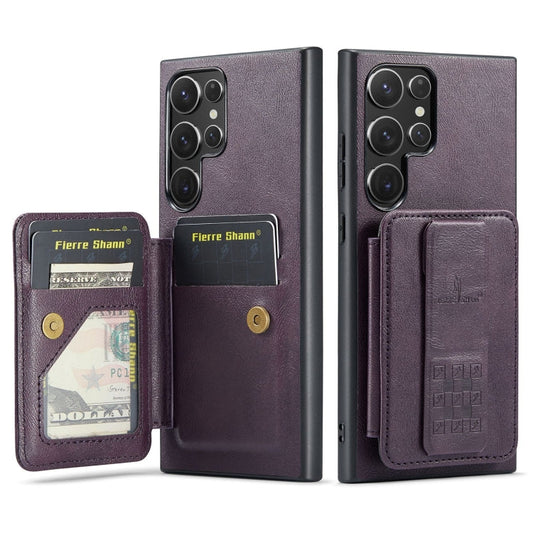 For Samsung Galaxy S22 Ultra 5G Fierre Shann Oil Wax Cow Leather Card Holder Back Phone Case(Purple)