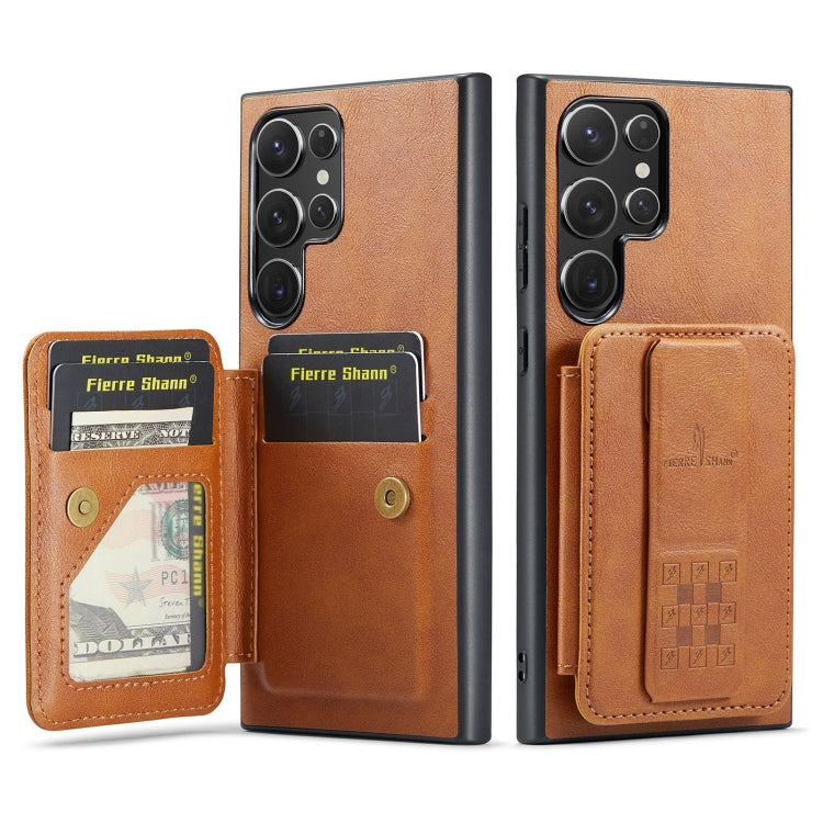 Pour Samsung Galaxy S22 Ultra 5G Fierre Shann Étui de téléphone arrière en cuir de vachette ciré avec porte-cartes (Marron)