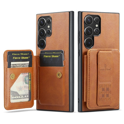 Pour Samsung Galaxy S22 Ultra 5G Fierre Shann Étui de téléphone arrière en cuir de vachette ciré avec porte-cartes (Marron)